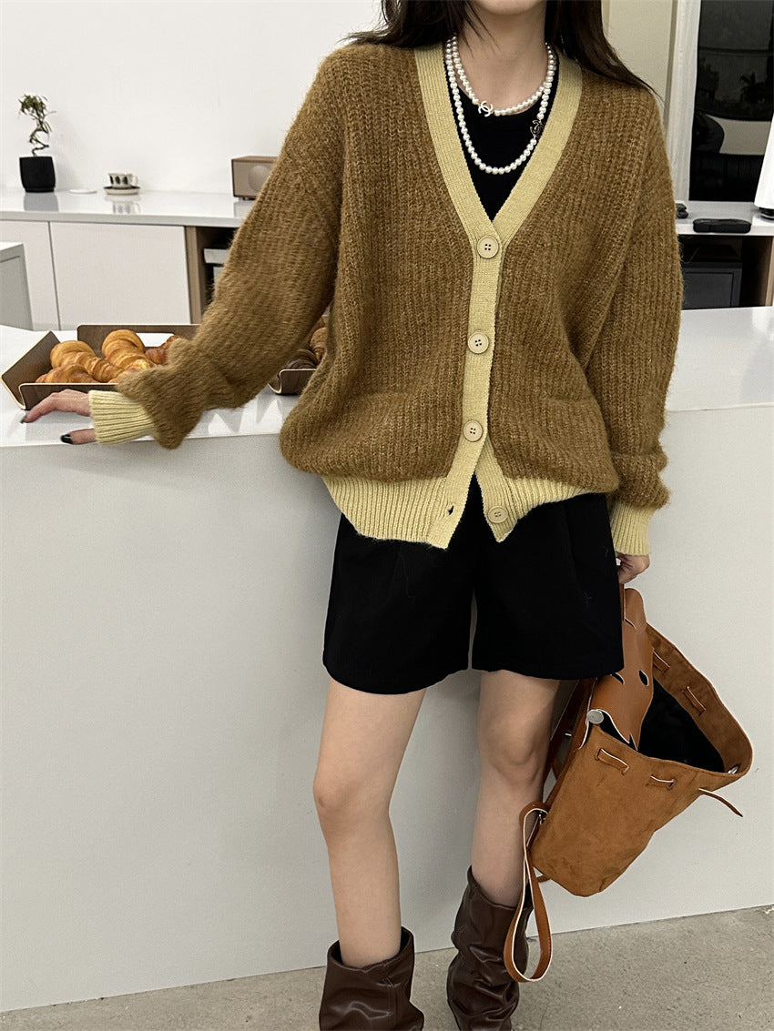 Women's Wool Contrast Color Knitted Sweater Cardigan V-neck