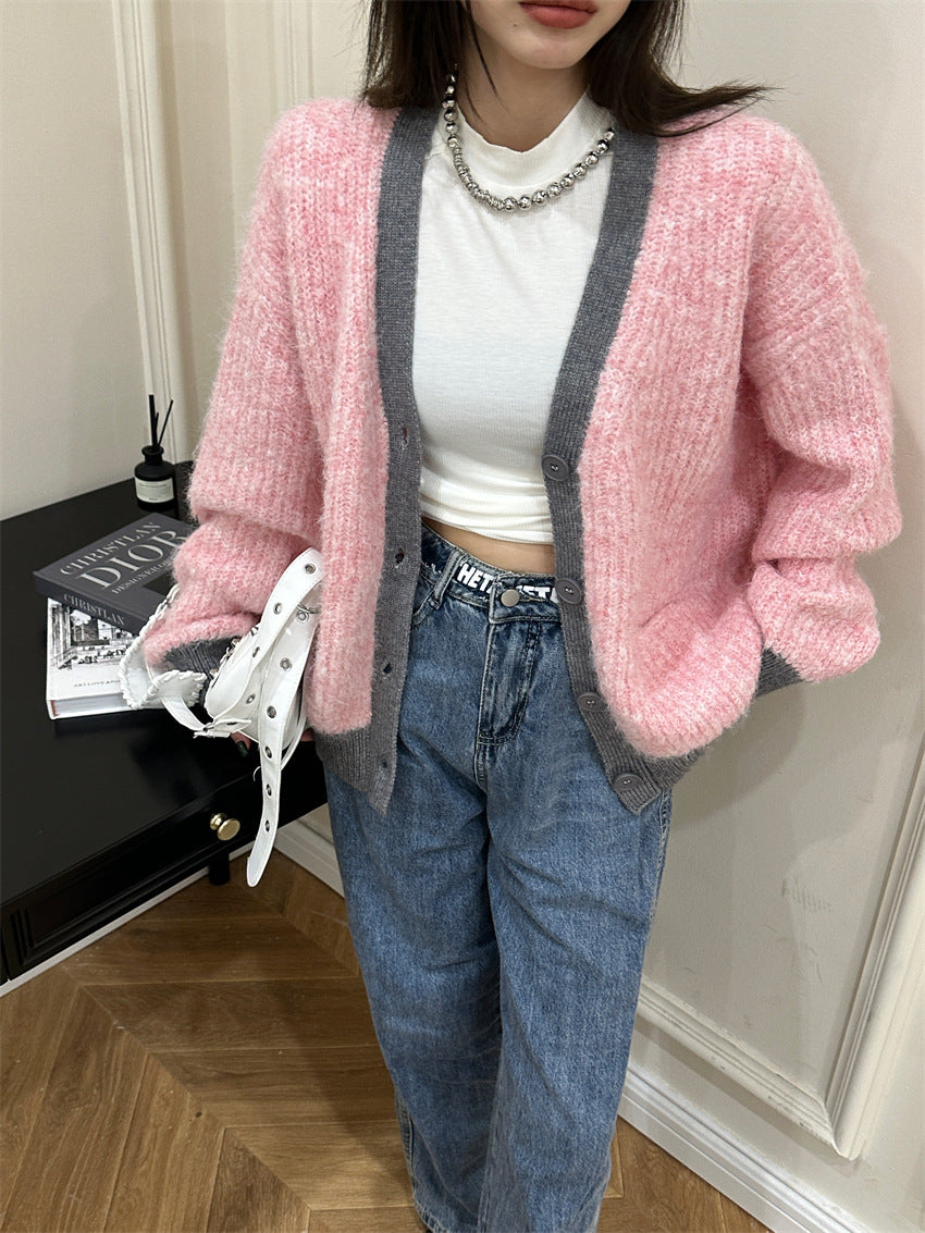 Women's Wool Contrast Color Knitted Sweater Cardigan V-neck