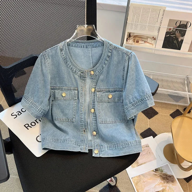 Light Blue Summer Thin Round Neck Denim