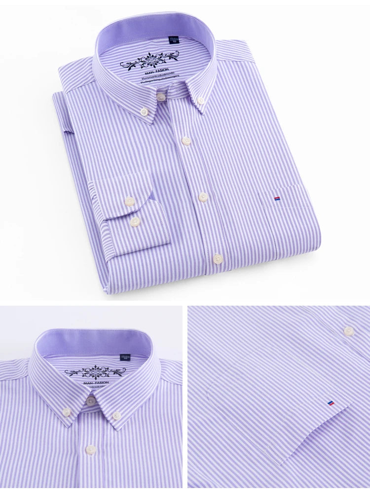 Men's Long Sleeve Oxford Plaid Striped Work Casual Shirt with Pocket, Spring Autumn  Cotton Blend Regular-fit Button-down Shirts
