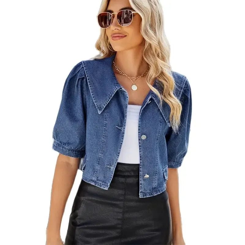 Women Sailor Neck Short Denim Jacket