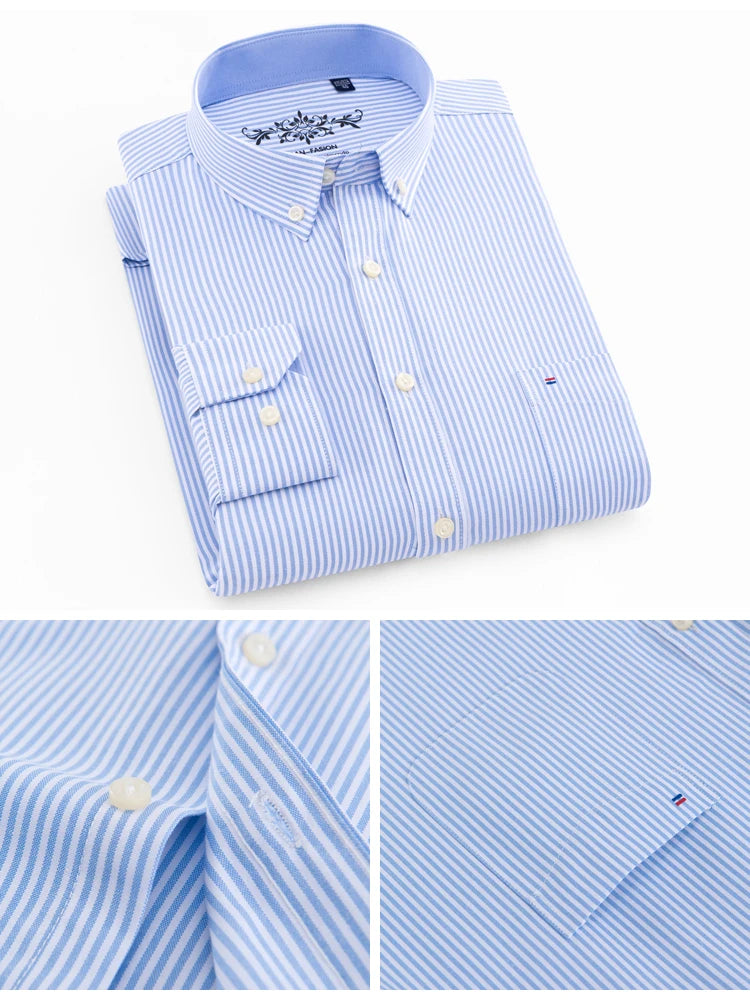 Men's Long Sleeve Oxford Plaid Striped Work Casual Shirt with Pocket, Spring Autumn  Cotton Blend Regular-fit Button-down Shirts
