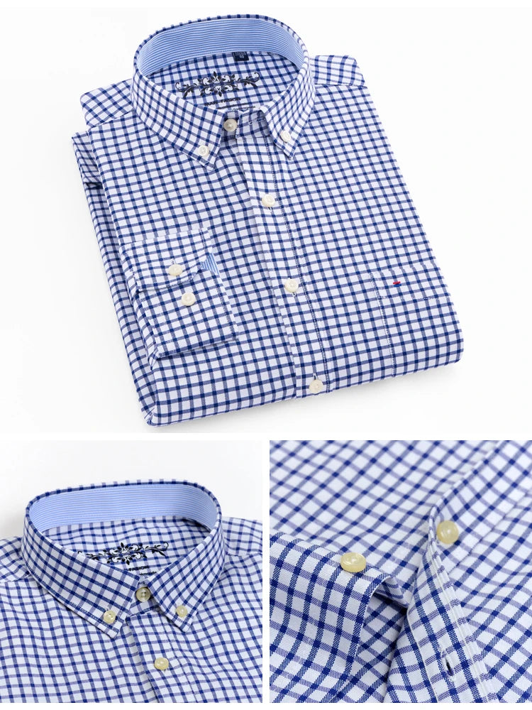 Men's Long Sleeve Oxford Plaid Striped Work Casual Shirt with Pocket, Spring Autumn  Cotton Blend Regular-fit Button-down Shirts