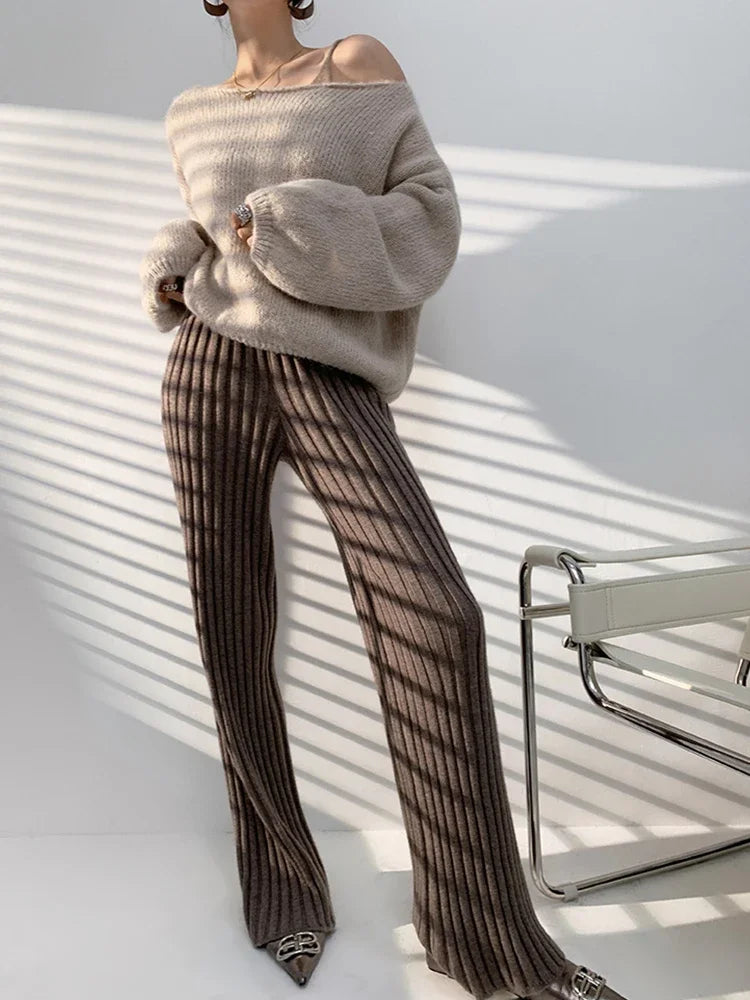 Autumn Winter Casual Thick Knitted Pant Women Long Trousers Elastic High Waist Kniting Wide Leg Pants Striped Pantalon