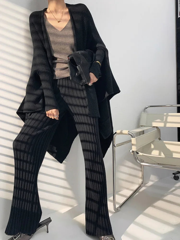 Autumn Winter Casual Thick Knitted Pant Women Long Trousers Elastic High Waist Kniting Wide Leg Pants Striped Pantalon