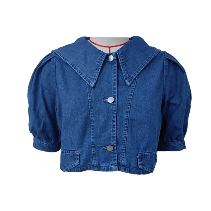 Women Sailor Neck Short Denim Jacket
