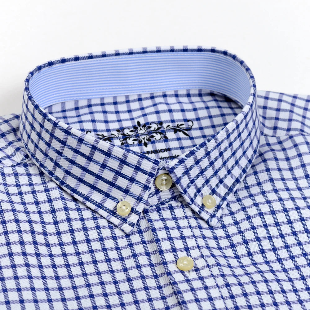 Men's Long Sleeve Oxford Plaid Striped Work Casual Shirt with Pocket, Spring Autumn  Cotton Blend Regular-fit Button-down Shirts