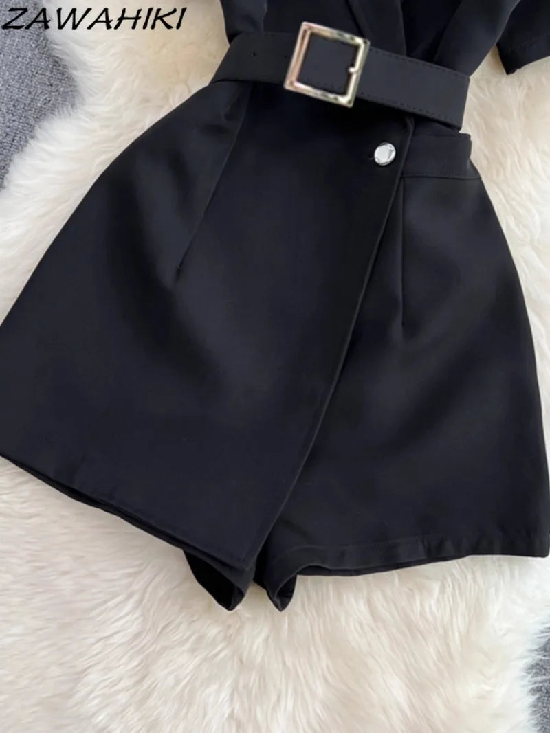 Korean Jumpsuit Women Temperament Turn Down Collar Suit Jumpsuits for Female Solid Bandage Ropa Mujer Office Lady Women Clothes