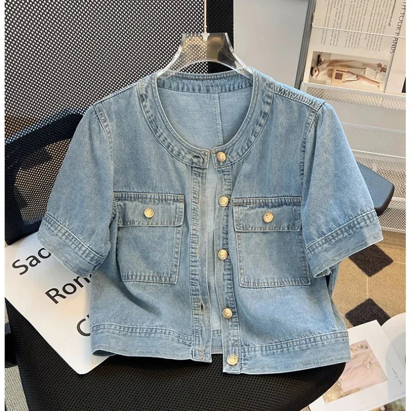 Light Blue Summer Thin Round Neck Denim