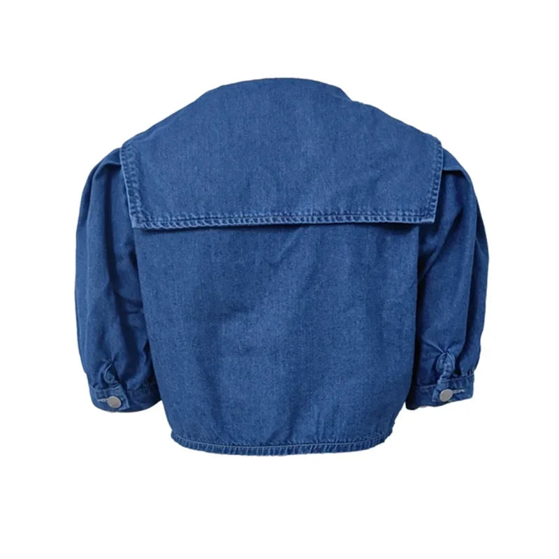 Women Sailor Neck Short Denim Jacket