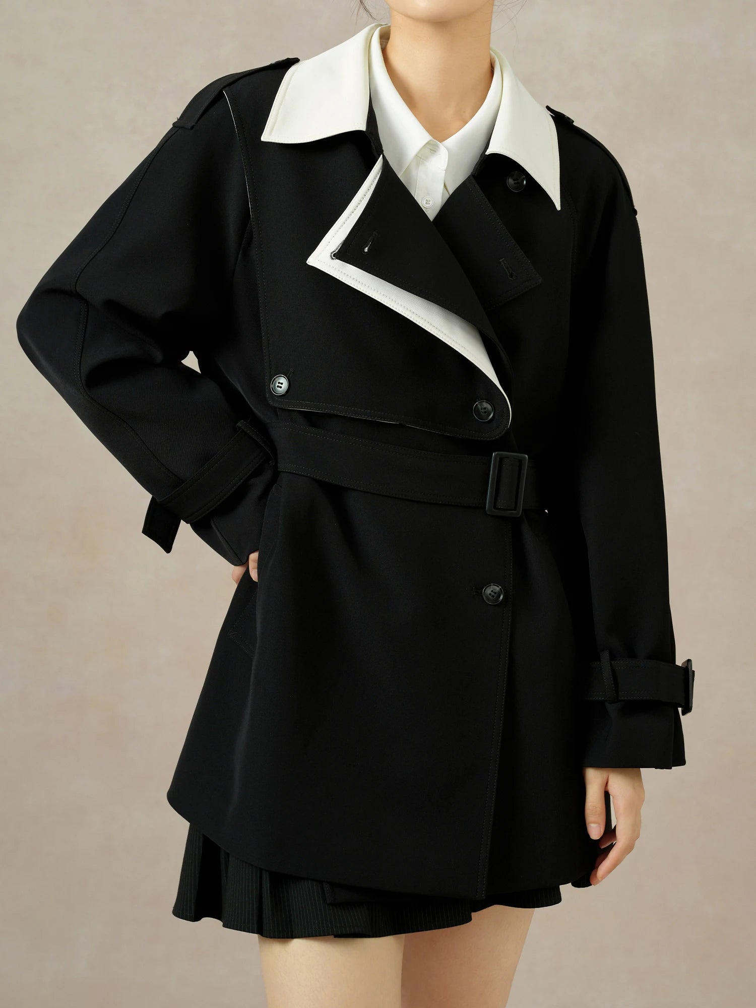 Elegant Black White Contrasting Trench Coat