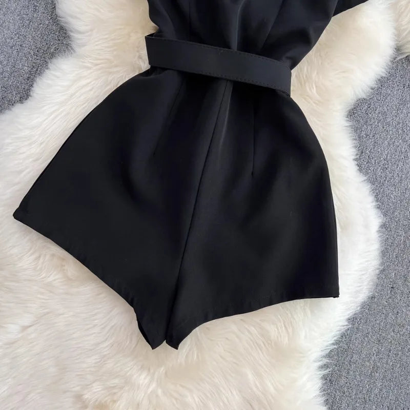 Korean Jumpsuit Women Temperament Turn Down Collar Suit Jumpsuits for Female Solid Bandage Ropa Mujer Office Lady Women Clothes