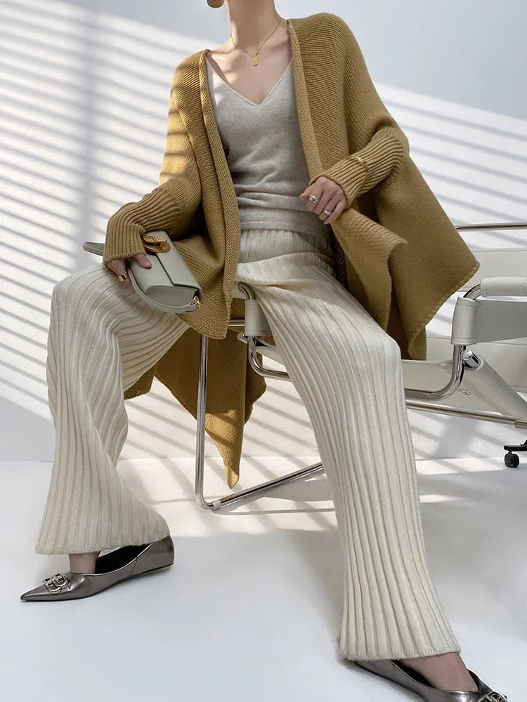 Autumn Winter Casual Thick Knitted Pant Women Long Trousers Elastic High Waist Kniting Wide Leg Pants Striped Pantalon