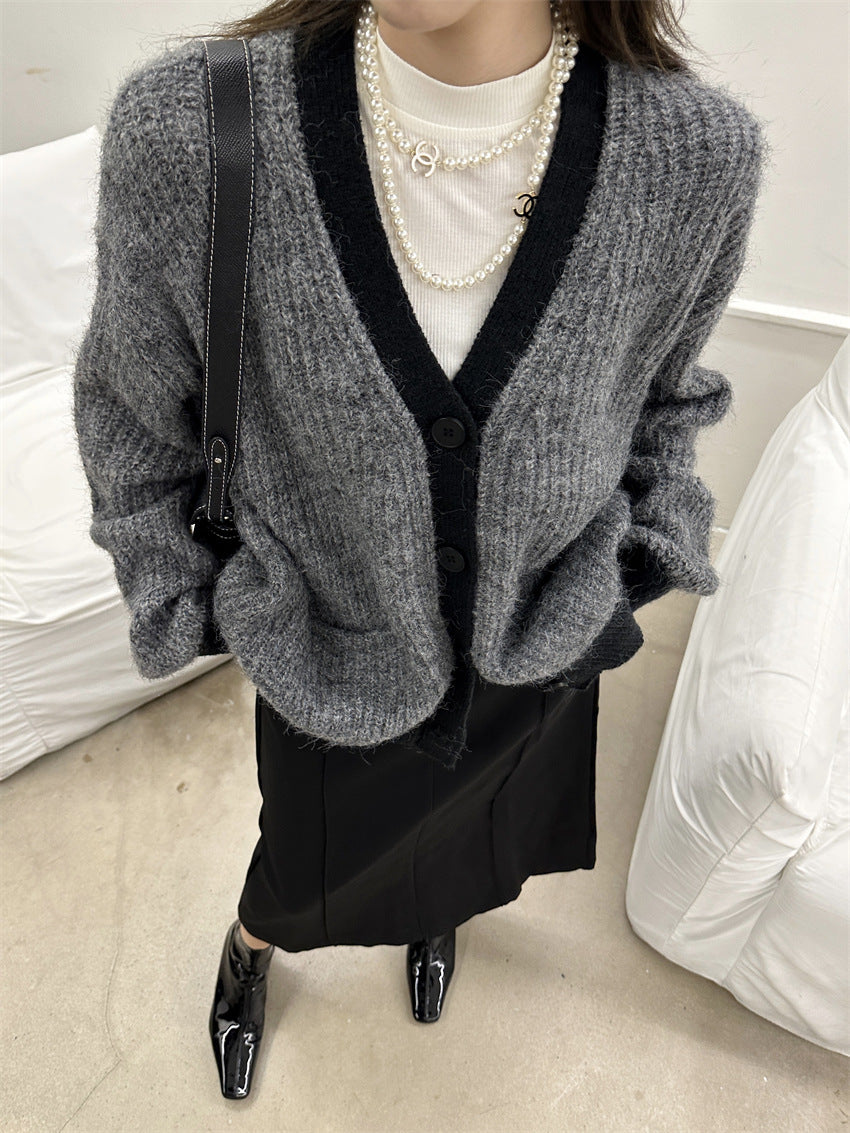 Women's Wool Contrast Color Knitted Sweater Cardigan V-neck